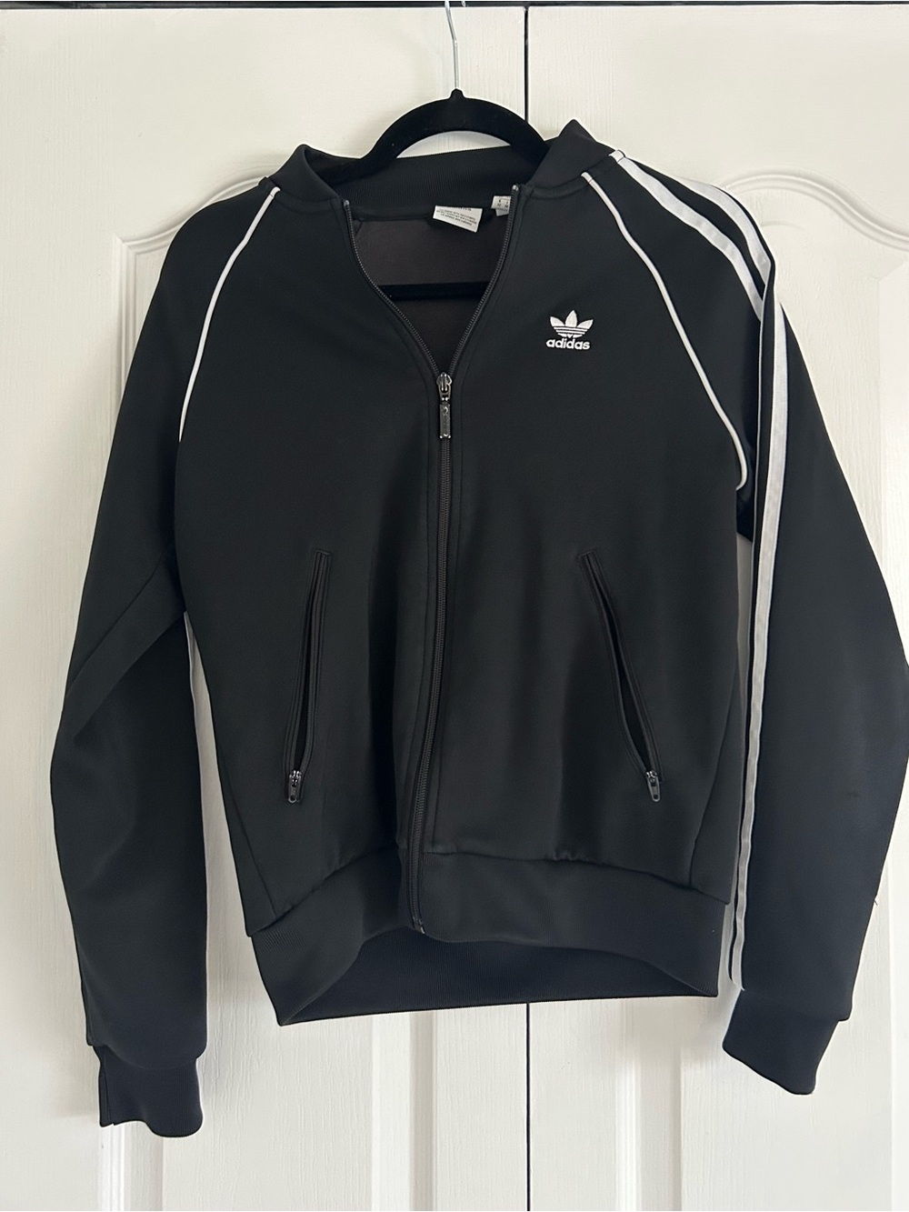 adidas Black Track Jacket with White Piping and Shoulder Stripes
